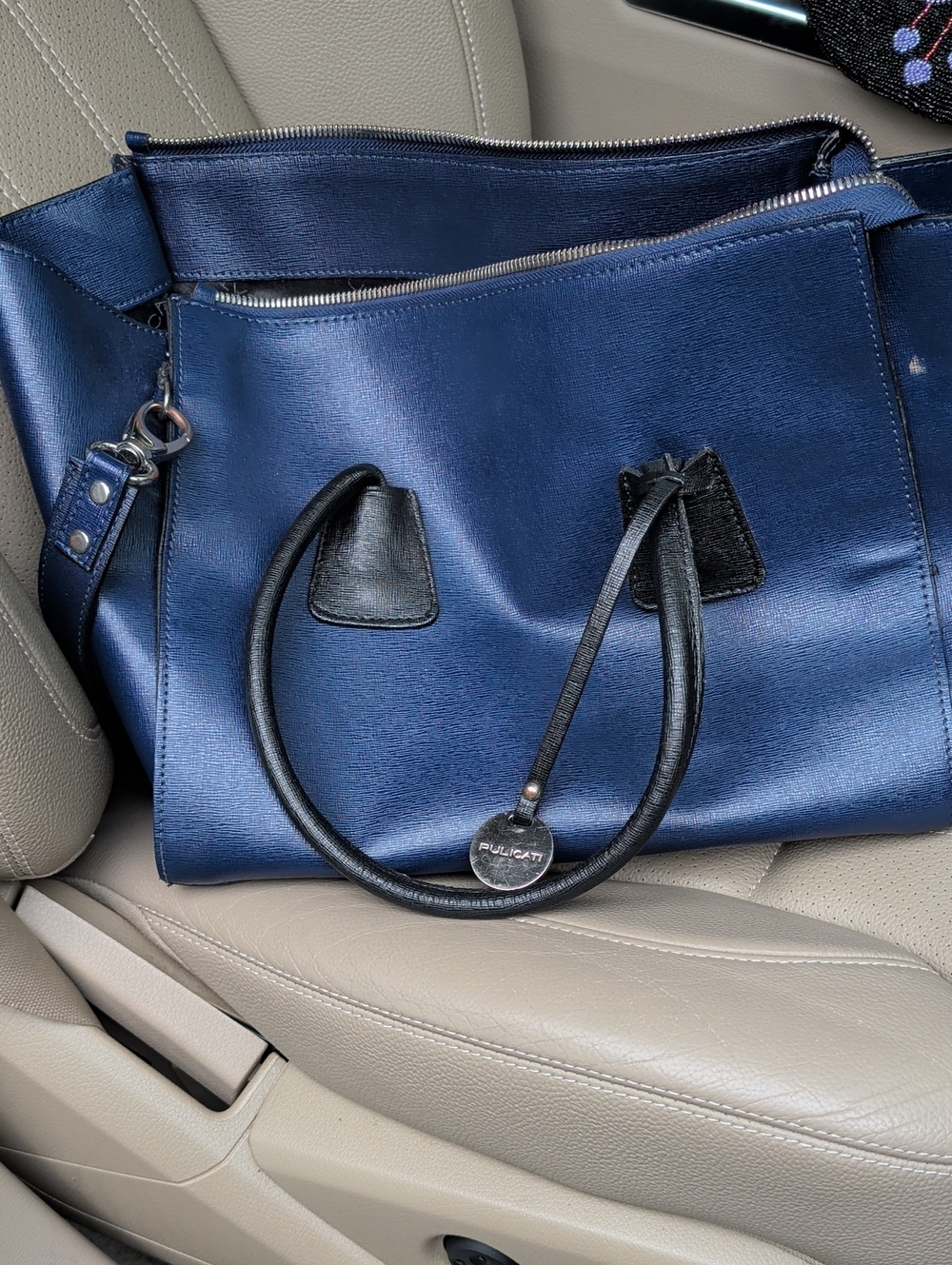 Pulicati Navy Blue Tote with Black Handles